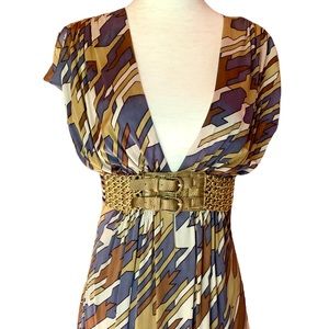 SKY ❌SOLD❌BRAND TOP GEOMETRIC 100% SILK LEATHER COUTURE CHAIN BELT SZ SMALL USA.